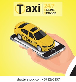 Isometric mobile app online taxi order concept. 