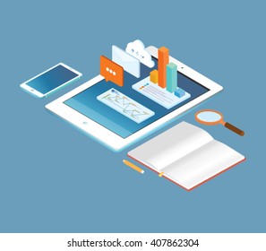 Aplicación móvil isométrica, diseño de concepto de marketing por correo electrónico, análisis de negocios, concepto de vector info-gráfico. 