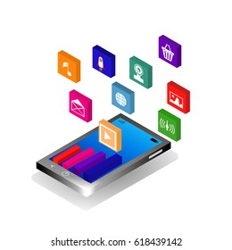 Isometric mobile application, email marketing concept design, business analytics, concept info-graphic vector.