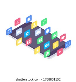 Isometric mobile application flat app concept user phone design interface device smartphone screen vector illustration. 3d ui applications phones interfaces digital symbol isolated on white background