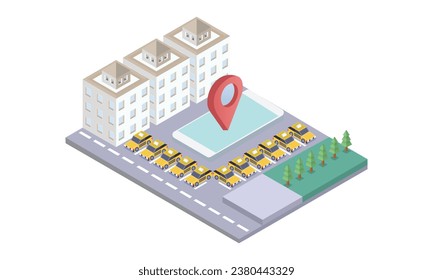 isometric mobile application taxi service in the City.on white background.3D design.isometric vector design Illustration.