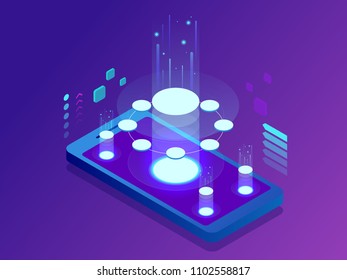 Isometric Mobile Applications concept. Developing programming and coding technologies concept. UX UI User Interface and User eXperience Process