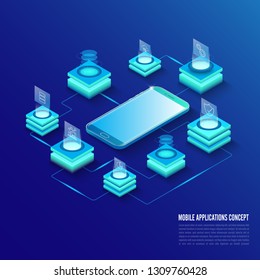 Isometric Mobile Applications concept. Developing programming and coding technologies concept. UX UI User Interface and User experience Process.