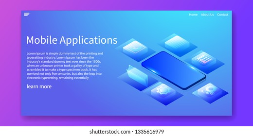 Isometric Mobile Applications, Software(app) is run on smartphone and tablet concept. Web template design.vector illustration.