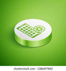 Isometric Mobile Apps and gear icon isolated on green background. Adjusting app, service concept, setting options, maintenance, repair, fixing. White circle button. Vector Illustration