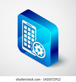 Isometric Mobile Apps and gear icon isolated on white background. Adjusting app, service concept, setting options, maintenance, repair, fixing. Blue square button. Vector Illustration