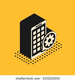 Isometric Mobile Apps and gear icon isolated on yellow background. Adjusting app, service concept, setting options, maintenance, repair, fixing.  Vector Illustration