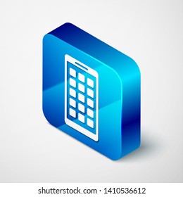 Isometric Mobile Apps icon isolated on white background. Smartphone with screen icons, applications. mobile phone showing screen. Blue square button. Vector Illustration