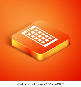 Isometric Mobile Apps icon isolated on orange background. Smartphone with screen icons, applications. mobile phone showing screen.  Vector Illustration