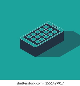 Isometric Mobile Apps icon isolated on green background. Smartphone with screen icons, applications. mobile phone showing screen.  Vector Illustration