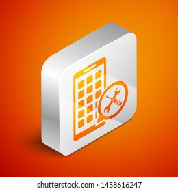 Isometric Mobile Apps with screwdriver and wrench icon isolated on orange background. Adjusting, service, setting, maintenance, repair, fixing. Silver square button. Vector Illustration
