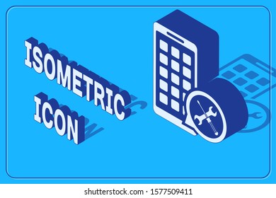 Isometric Mobile Apps with screwdriver and wrench icon isolated on blue background. Adjusting, service, setting, maintenance, repair, fixing.  Vector Illustration