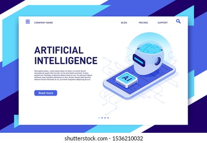 Isometric mobile artificial intelligence. AI smartphone, digital brain technology and neural network chip. Future mobile phone augmented reality app solutions wireless vector illustration