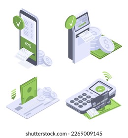 Isometric mobile banking. Online payment, smartphone and credit card, payment terminal contactless payment flat vector illustration set