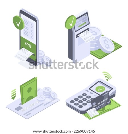 Isometric mobile banking. Online payment, smartphone and credit card, payment terminal contactless payment flat vector illustration set