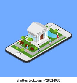 Isometric Mobile Banking. Payment with Smartphone. Vector flat 3d illustration