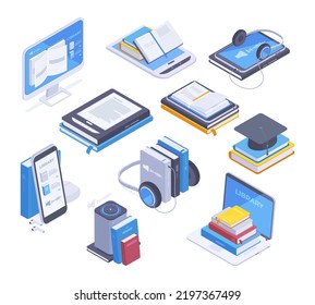 Librería móvil isométrica, biblioteca en línea, concepto de literatura educativa. Librería virtual, educación moderna, literatura en línea e ilustraciones vectoriales de libros electrónicos. Conjunto de libros isométricos