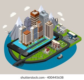 Isometric mobile city concept with abstract buildings street skyscrapers placed on the mobile device styled base vector illustration