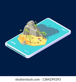 Isometric mobile concept of summer beach island app vacation