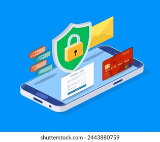 isometric Mobile data security Online payment protection system concept. smartphone, mail, chat and credit card. Vector illustration in flat style.