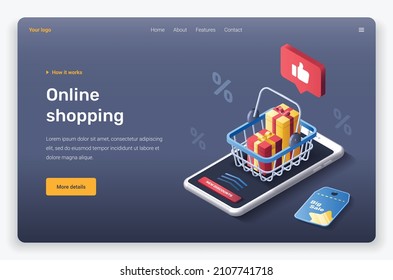 Isometric mobile device, basket, gifts and thumbs up. Landing page template.