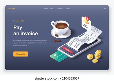 Isometric mobile device, coffee, check, invoice, credit card, money, notification. Landing page template.