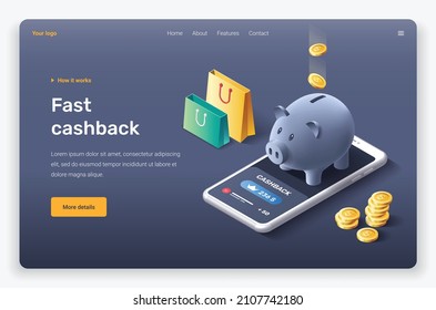 Isometric mobile device, coins, shop bags and piggy bank. Landing page template.