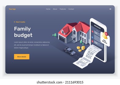Isometric mobile device, home, car, invoice and coins. Landing page template.