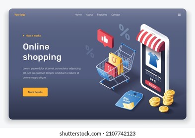 Isometric mobile device, online shopping, cart with bags and coins. Landing page template.