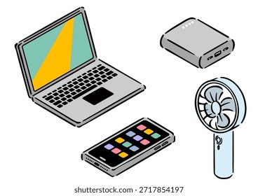 Isometric mobile device set. Hand-drawn isometric illustration.