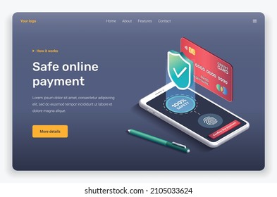 Isometric mobile device, shield, credit card, touch screen, fingerprint, pencil, safety. Landing page template.