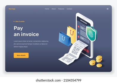 Isometric mobile device, shopping, bags, check, invoice, shild, fingerprint. Landing page template.