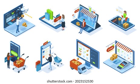 Isometric mobile e-commerce online shopping concept. People make purchases use mobile apps and payment systems vector illustration set. Mobile shopping orders delivery from website or application