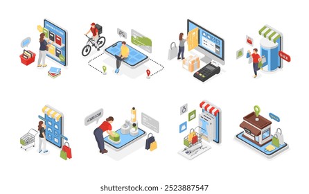 Isometric mobile e-marketing and purchases. Online store application. People buying and payment, digital shopping on website flawless vector scenes