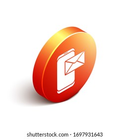 Isometric Mobile and envelope, new message, mail icon isolated on white background. Usage for e-mail newsletters, headers, blog posts. Orange circle button. Vector Illustration