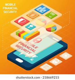Isometric mobile financial secure and business elements with smartphone vector illustration