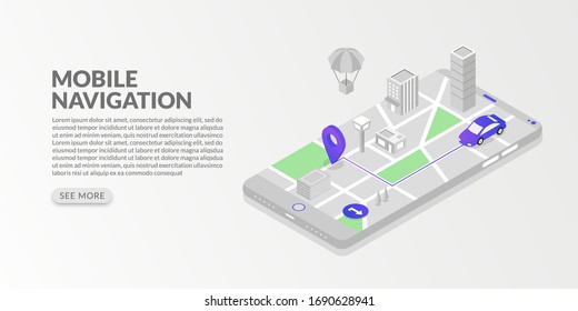 Isometric mobile gps navigation and tracking with city map and marker