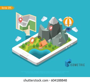 Isometric mobile GPS navigator. Flat map with notation and markers. Vector illustration