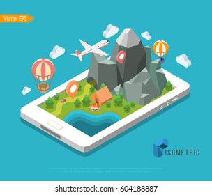Isometrischer mobiler GPS-Navigator. Flache Karte mit Notation und Markern. Vektorgrafik