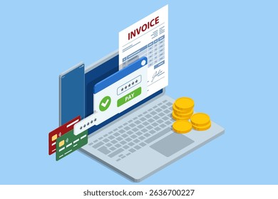 Isometric Mobile invoice payment concept. Isometric vector illustration of electronic bill, smartphone, currency icons, and notification envelope for digital finance and banking.