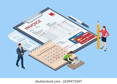 Isometric Mobile invoice payment concept. Isometric vector illustration of electronic bill, smartphone, currency icons, and notification envelope for digital finance and banking.