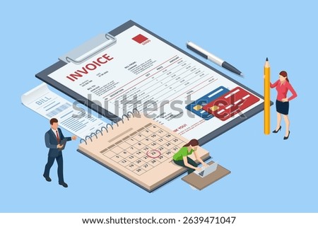 Isometric Mobile invoice payment concept. Isometric vector illustration of electronic bill, smartphone, currency icons, and notification envelope for digital finance and banking.