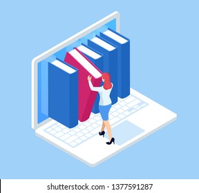 Isometric mobile knowledge, laptop as a book, e-library, colorful library concept. Books in the laptop, e-book, e-learning, digital education.