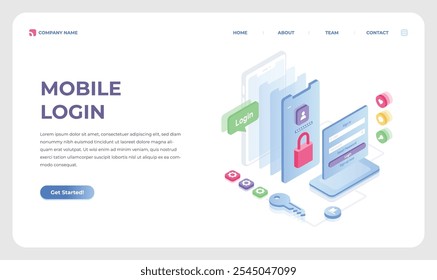 Isometric Mobile Login Vector Landing Page Design for Secure User Authentication and Digital Security Interface