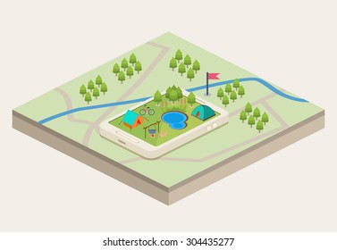 An isometric mobile map showing a campsite with a river and a lake