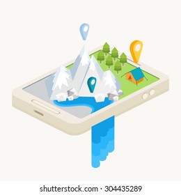 An isometric mobile map showing mountains, a waterfall, a forest and a campsite