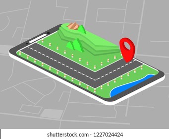Isometric mobile map with target in mobile phone vector illustration with landscape and road.