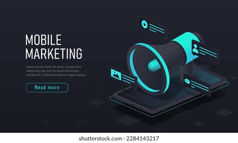 Isometric mobile marketing. Loudspeaker over smartphone screen. Advertising and promotion in social networks and instant messengers, electronic and online commerce. Cartoon vector illustration