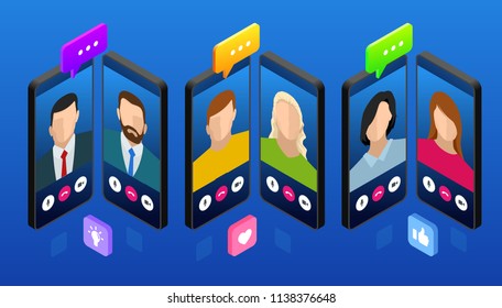 Isometric mobile messenger chat, online conversation with texting message. Vector illustration