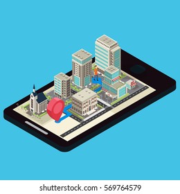 Isometric mobile navigation template with traveler modern city route and pin on blue background isolated vector illustration